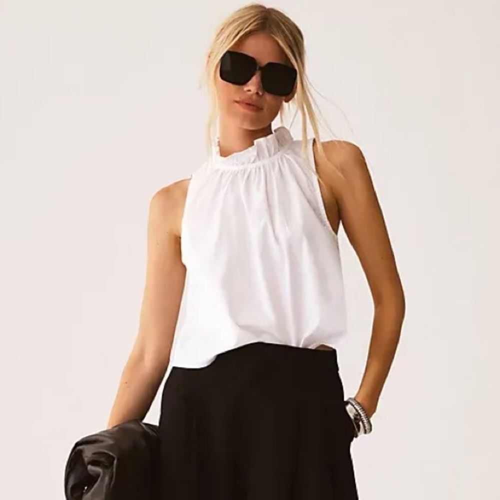 Maeve | Anthropologie Sleeveless Ruffle neck White Cotton Top XL Preppy Chic